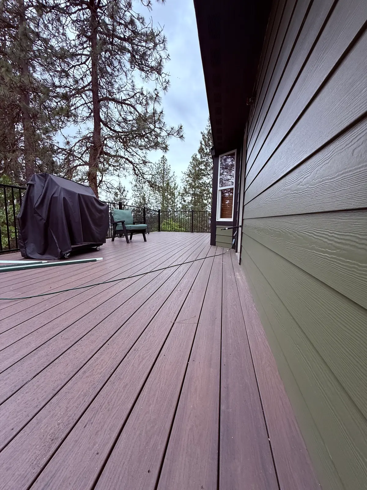 Composite deck boards running alongside green lap siding under tall pines